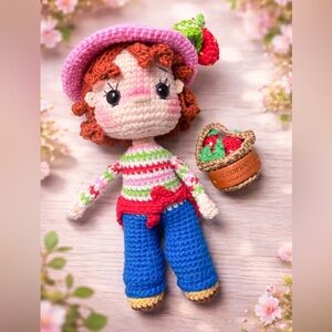 Handmade Crochet Doll with Red Hat and Blue Pants